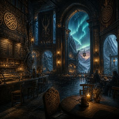 cozy cafe interior with warm lighting