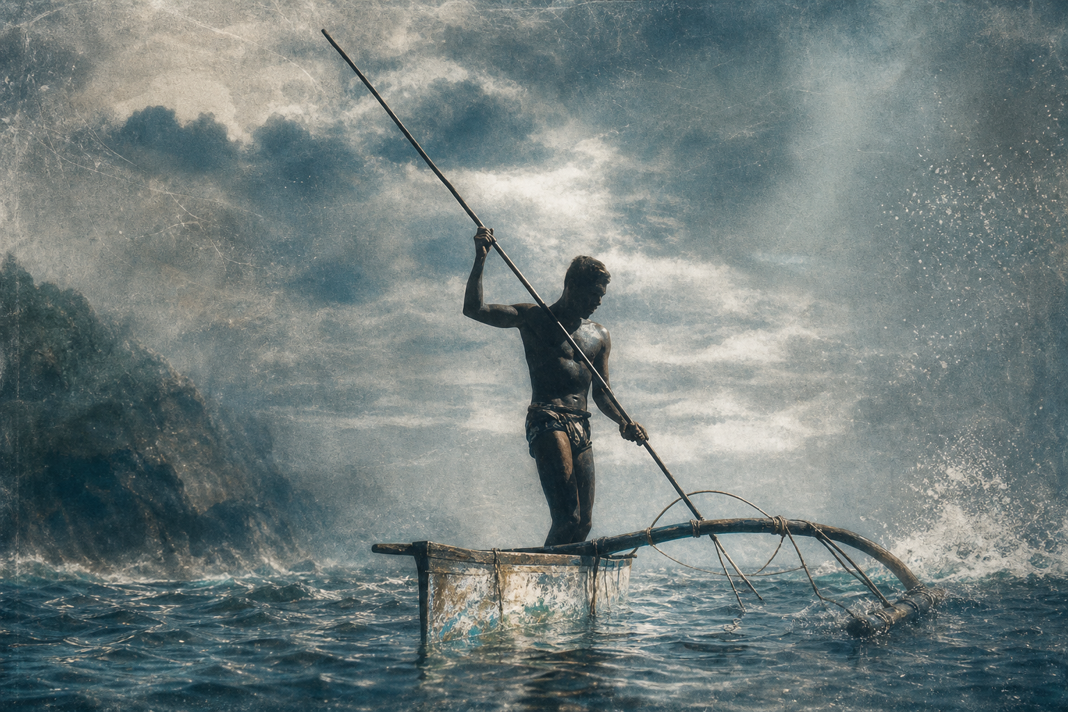 a man standing on a raft in the middle of a body of water