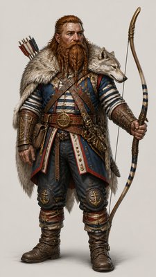 full-body original character: a dwarven ranger with a braided auburn beard, worn leather armor, a longbow and a wolf-pelt cloak, neutral background, no text