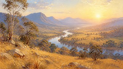 a vast valley with a river winding toward distant mountains at sunrise, no people, no text