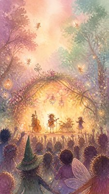 a live music scene with a glowing stage and silhouetted crowd, energetic vertical composition with open space at the top, no text