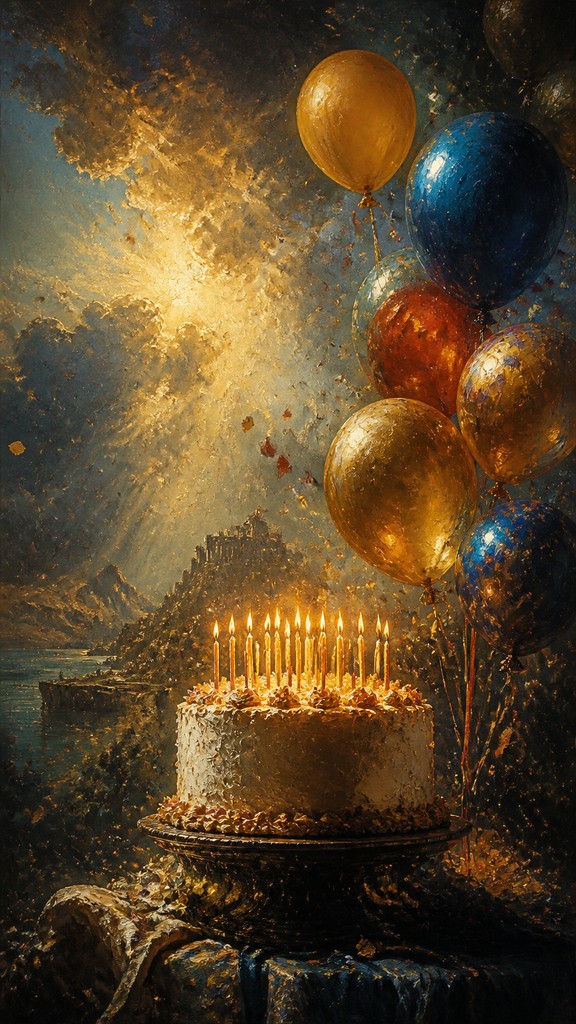 a birthday cake with lit candles surrounded by balloons and confetti, festive vertical composition, no text