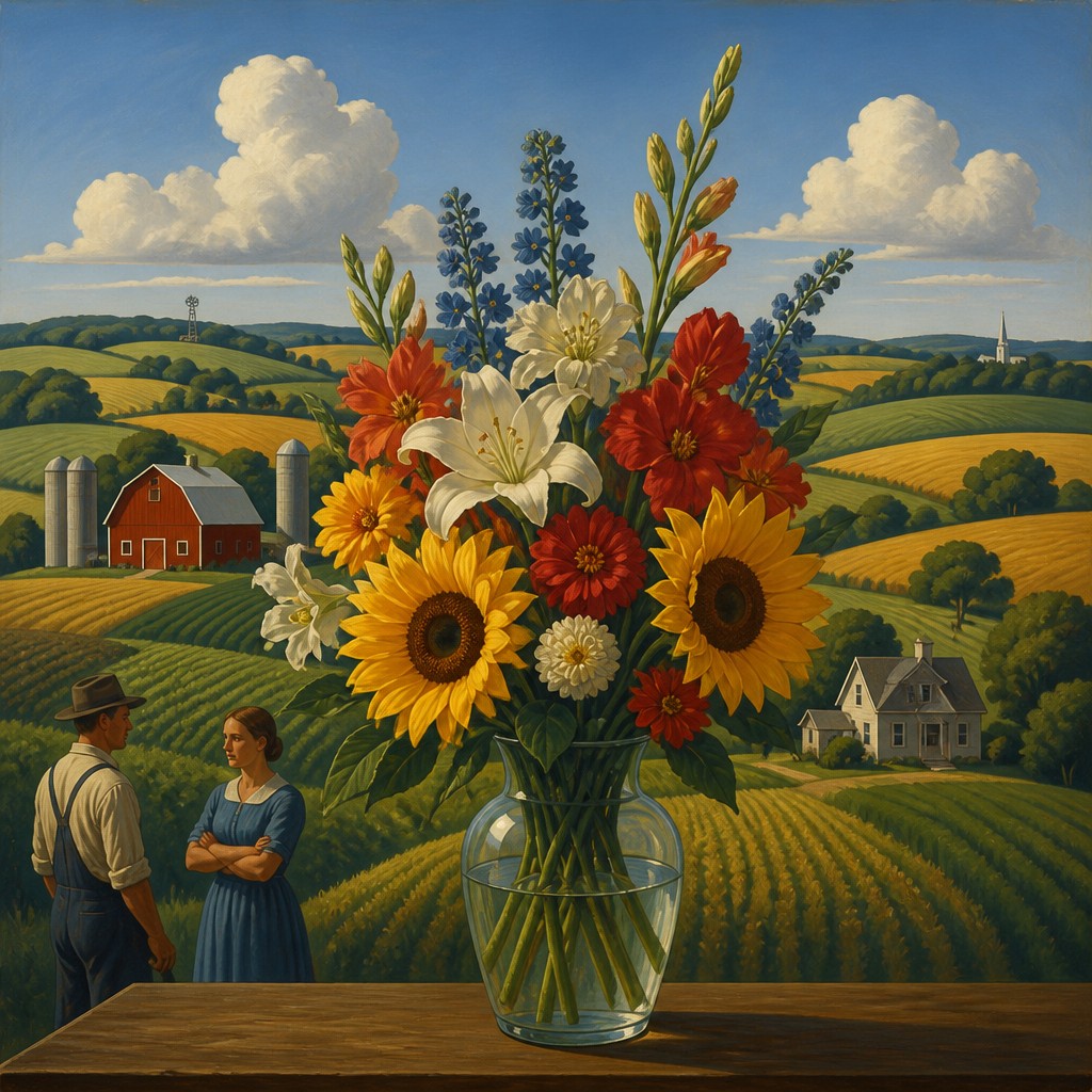 bouquet of flowers in a glass vase — American Regionalism Art Style