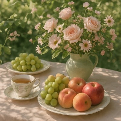 still life arrangement of fruits and flowers