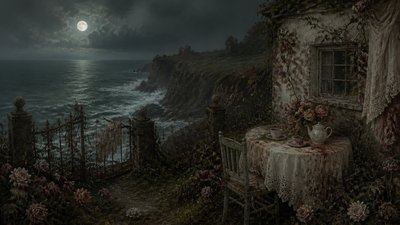 a moonlit coastline with cliffs and crashing surf, no people