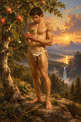 a painting of a naked man holding an apple