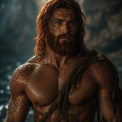 Fais moi un dieu roue et fort avec une barbe rousse plus foncé il , il est habillé sans tee shirt sans bijoux juste en dirait un dieu des mers il a des habille en algues  il a des écailles roue sur le torse et les epaules mais sinon c’est un humain 