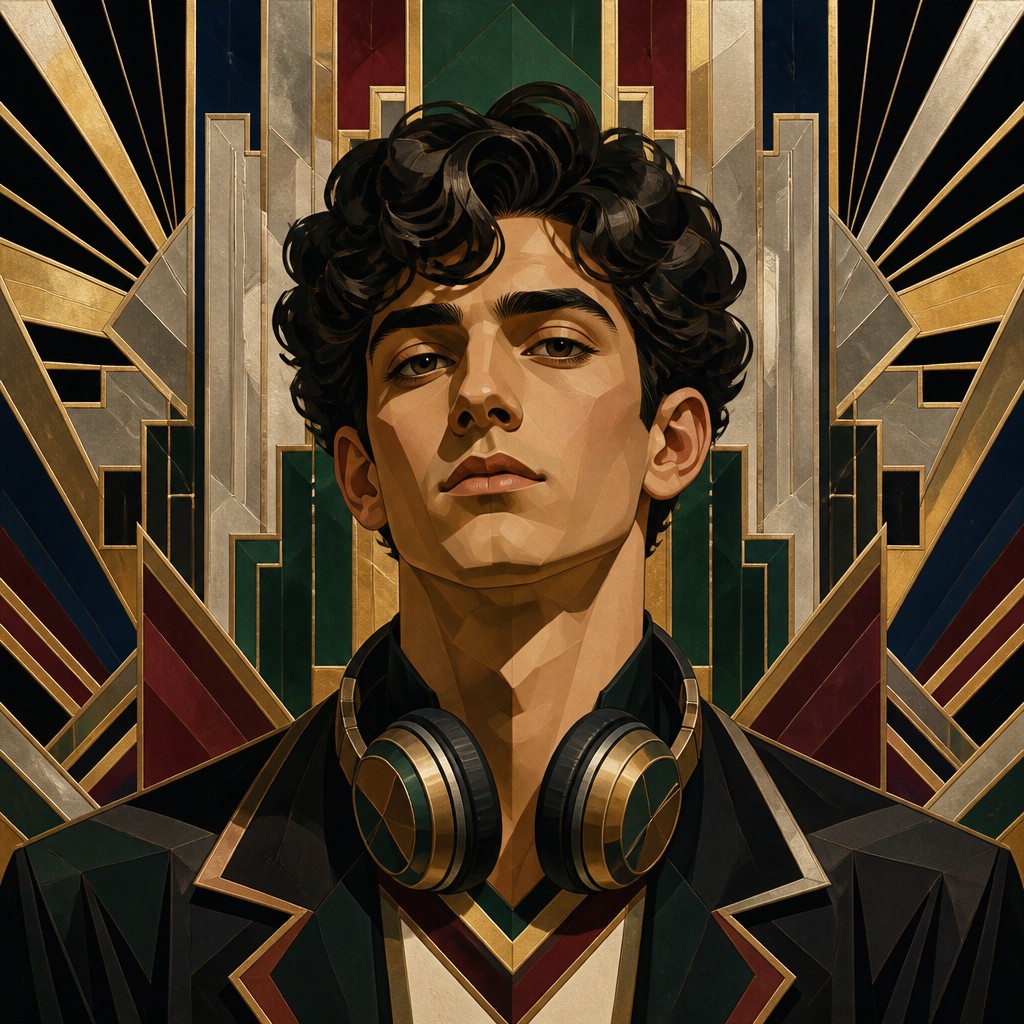 head-and-shoulders portrait of an original character: a young man with curly dark hair and headphones around his neck, plain backdrop, no text