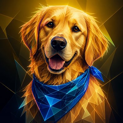 portrait of a golden retriever wearing a blue bandana, warm plain backdrop, no text