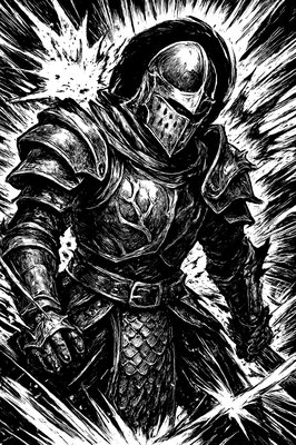 a black and white drawing of a knight