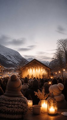 a live music scene with a glowing stage and silhouetted crowd, energetic vertical composition with open space at the top, no text