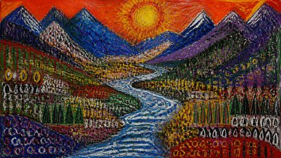 a vast valley with a river winding toward distant mountains at sunrise, no people, no text