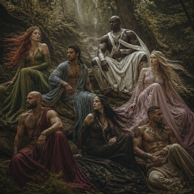 Je veux que tu me fasses des divinités au pluriel, un peu genre ancien très majestueux, mais qu'il soit pas genre vieux genre vers les 40 ans, on commence avec une temme, les cheveux roue, les yeux verts, elle est blanche elle est habillé en voile vert avec des bijoux doré, ensuite un brin, les cheveux un peu noir, genre vraiment cour, il a l'air un peu perse iranien, musclé il est habillé en bleu ciel avec un peu de doré. Un autre homme noir hyper grand et muscles genre enorme . Habillé en blanc et argenté. enfin une femme rose pourpre ou violet claire qui est blonde et or rose ou argenté. Enfin un homme habillé en rouge sombre. Il est blanc le crane rase et une barbe, il est musclé et sa tenue est sans manche. Et une femme blanche habillé en noir les cheveux noir et un homme qui a l’air amérindien il a les cheveux court et il est habillé en marron beige et argenté il est musclé et sans tee shirt genre juste le pantalon Je veux vraiment qu’ils aient 40 ans et qu’il y ait une Vibe de Dieu ancien. Je veux vraiment que qu’on ait l’impression qu’il se repose genre qu’ils sont posés le vent vers les cheveux comme s’il était dans une bande bizarre, et je veux que les couleurs soient pas très agressives, genre qu’elles soient hyper hyper terne. La soie, un duo des voiles.
