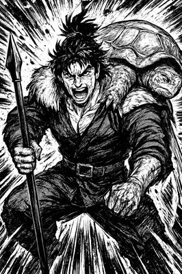 a black and white drawing of a man holding a spear