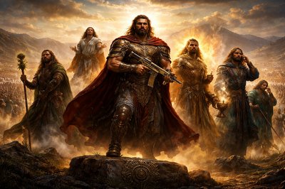 A cinematic, hyper-realistic wide shot of six valiant biblical warriors, the sons of Tola, standing as "heads of their father’s house" in an ancient Levantine desert landscape. In the center, Uzzi is a massive, muscular commander clad in bronze armor, incongruously wielding a modern tactical Uzi submachine gun with gold engravings. Surrounding him are his brothers: Rephaiah holding a staff entwined with healing herbs; Jeriel standing atop a massive foundation stone looking toward heaven; Jahmai enveloped in a warm, protective golden aura; Jibsam Holding a detailed censer releasing fragrant incense smoke.; and Shemuel in a posture of listening, hand to his ear as if hearing a divine whisper. In the background, a vast army of 22,600 soldiers stretches to the horizon under the golden sun of King David’s era. Epic composition, dramatic chiaroscuro lighting, intricate leather and metal textures, 8k resolution, ArtStation style.