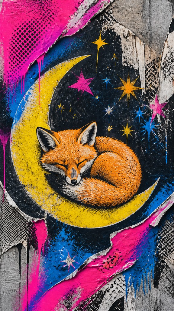 a sleeping baby fox curled on a crescent moon among soft stars, gentle and warm, no text