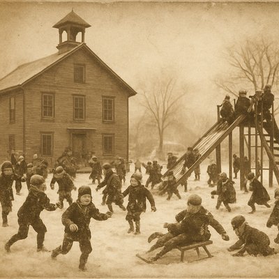 early 1900s American schoolhouse with snowy playground, dozens of children bundled in scarves and mittens, joyfully throwing snowballs, sliding down wooden sleds, climbing rustic playground equipment, nostalgic 