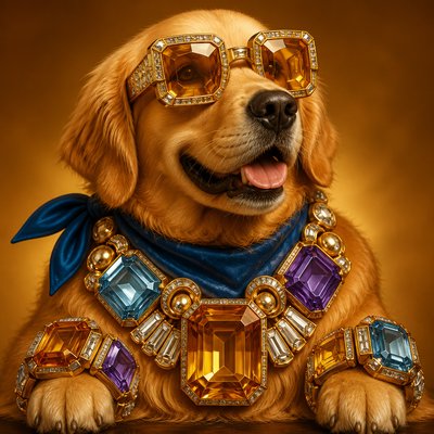 portrait of a golden retriever wearing a blue bandana, warm plain backdrop, no text