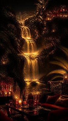a cascading waterfall in a lush green gorge, no people