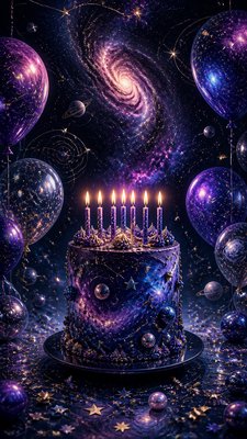 a birthday cake with lit candles surrounded by balloons and confetti, festive vertical composition, no text
