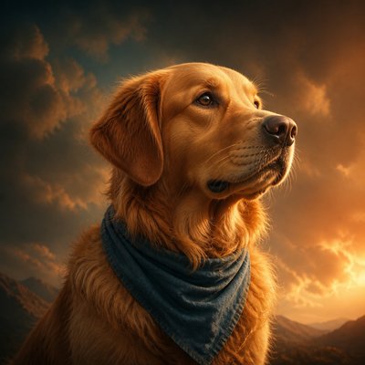 portrait of a golden retriever wearing a blue bandana, warm plain backdrop, no text