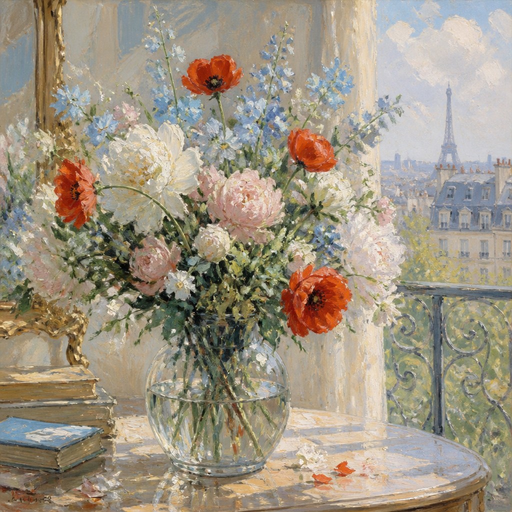 bouquet of flowers in a glass vase — French Art Style