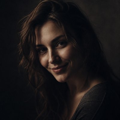 head-and-shoulders portrait of an original character: a young woman with wavy chestnut hair and a warm smile, plain soft backdrop