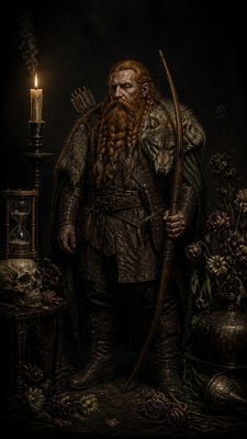full-body original character: a dwarven ranger with a braided auburn beard, worn leather armor, a longbow and a wolf-pelt cloak, neutral background, no text
