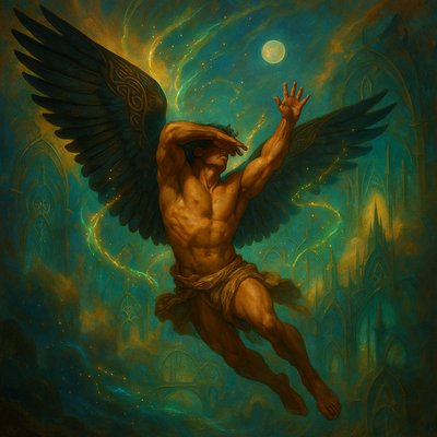 a painting of a man with wings in the air