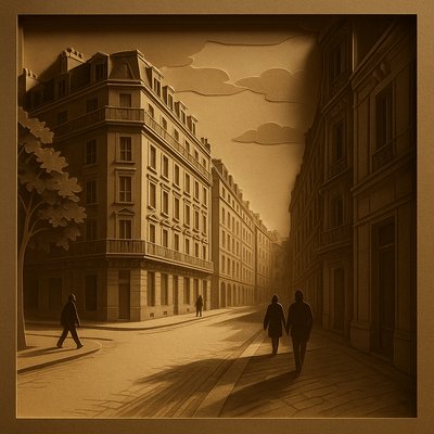 a painting of two people walking down a street