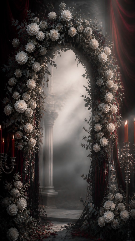 an arch of white roses and eucalyptus in soft morning light, elegant vertical composition with open space, no text
