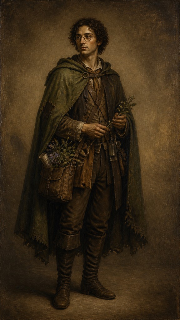 full-body original character: a wandering botanist with a satchel of plants, a patched green cloak, tall boots and round glasses, neutral background