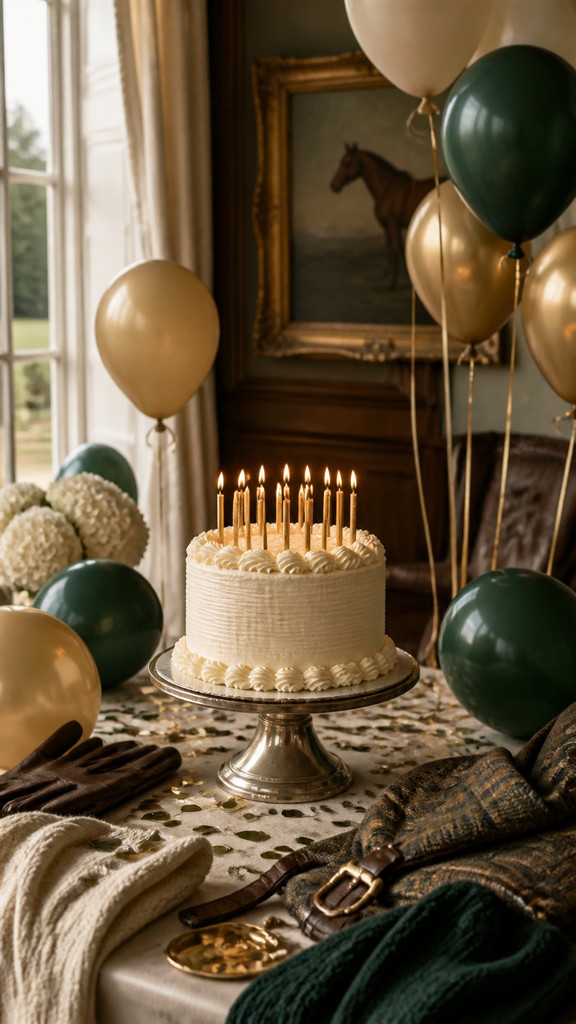 a birthday cake with lit candles surrounded by balloons and confetti, festive vertical composition, no text
