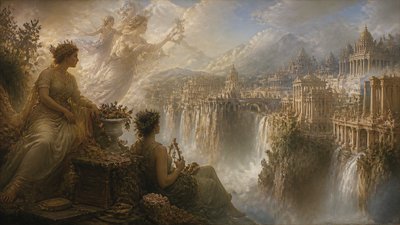 a cliffside city with waterfalls cascading into a misty canyon, wide establishing shot, no people, no text