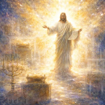 A surrealist, double-exposure art piece. In the foreground, there are translucent, architect’s blueprint lines and ghostly outlines of the ancient Temple altars, lampstands, and the Holy of Holies (representing the "figures of the true"). Overlapping and far superior to them, Jesus Christ stands before an blinding, warm, golden divine presence (representing the "presence of God"). He is actively gesturing forward, presenting a scroll or his own wounds on behalf of unseen people ("for us"). Transcendent, ethereal, glowing edges, minimal color palette of gold, white, and midnight blue.