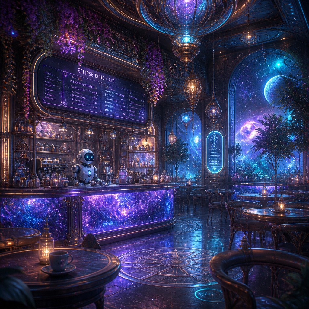 cozy cafe interior with warm lighting