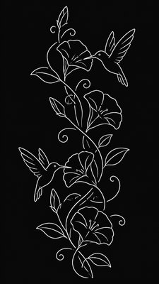 a climbing vine of flowers and hummingbirds on a dark background, tall wrapping composition, no text