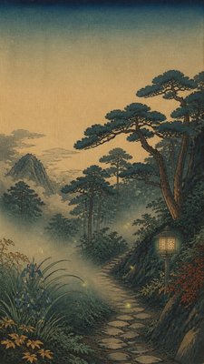 a mysterious forest path with fireflies and drifting mist, atmospheric vertical composition with open space at the top, no text