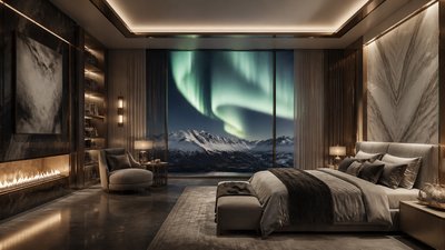 a flowing aurora over snowy peaks, wide sweeping composition, no people, no text