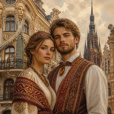 portrait of two people together — Latvian Art Style