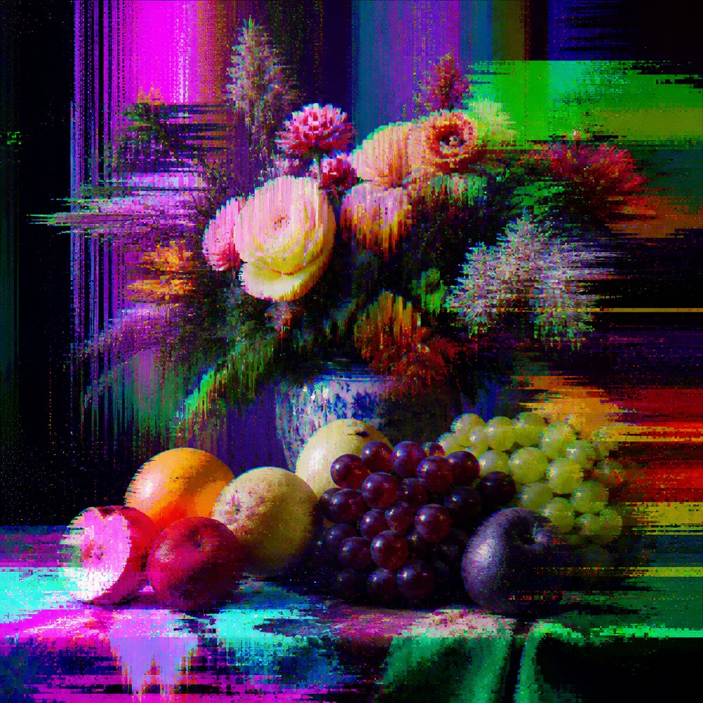 still life arrangement of fruits and flowers