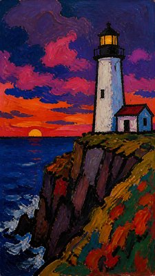 a lone lighthouse on a cliff at dusk under a dramatic sky, no text or lettering
