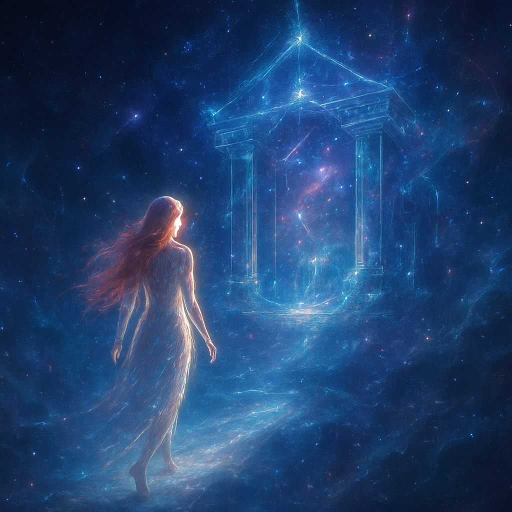 An ethereal and surreal depiction of a figure in a deep dream state, gracefully walking into the heart of the Mountain House constellation, also known as Libra. The figure is a lady with long, flowing red hair, luminous, radiating a soft inner light, suggesting her non-physical dream presence. She is stepping off a softly glowing, dream-like pathway or ethereal bridge that extends from a misty, dreamscape foreground into the vastness of space.
The Mountain House (Libra) constellation is not just stars but appears as a majestic, floating celestial architecture – perhaps as ancient, star-dusted pillars, glowing celestial doorways forming a 'mountain house' structure, built from nebulae and starlight. Within this constellation, gentle cosmic dust, shimmering gas clouds, and distant galaxies are visible, creating a sense of infinite depth.
The dominant colors are soft blues, purples, and deep indigos of space, interwoven with golden and silver light emanating from the stars and the lady's luminous form and radiant red hair. There's a profound sense of peace, wonder, and weightlessness. The atmosphere is serene and magical, conveying the feeling of transcending physical reality and entering a realm of cosmic balance and ancient wisdom. The artistic style is highly fantastical and painterly, with a focus on glowing effects, subtle transparency, and a dreamlike composition.