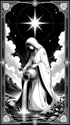 a robed figure pouring water beneath a large eight-pointed star in a night sky, symmetrical composition with an ornate decorative border, no text