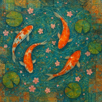 A koi pond seen from above, orange and white koi fish swimming among lily pads, clear water with subtle ripples, fallen cherry blossom petals floating on the surface, dappled sunlight