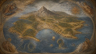 a map of an island realm with mountains, forests, a sheltered bay, sea monsters in the water and a compass rose, no text labels