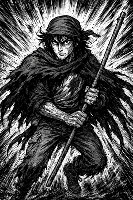 a black and white drawing of a man holding a sword