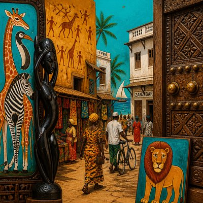 urban street with city activity — Tanzanian Art Style