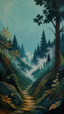 a mysterious forest path with fireflies and drifting mist, atmospheric vertical composition with open space at the top, no text