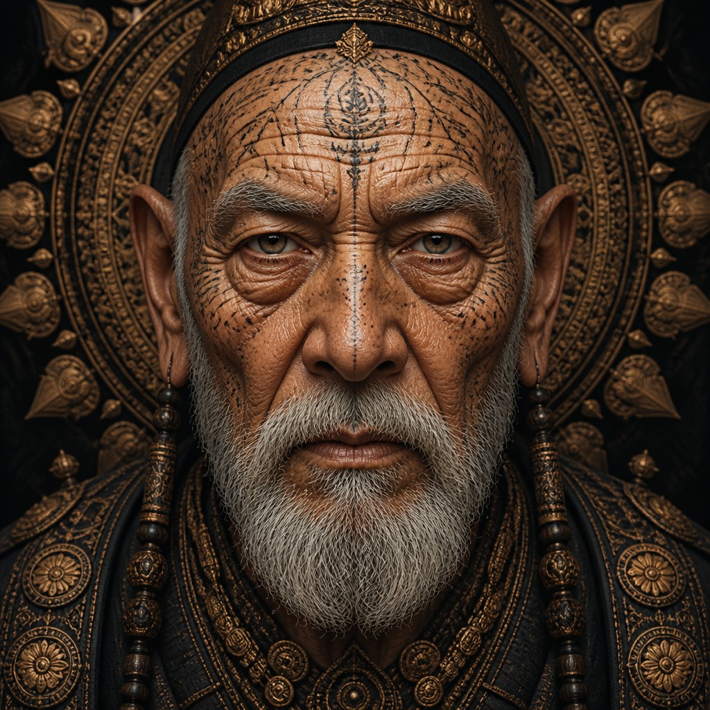 close-up portrait of an elderly person with expressive weathered features — Perfect Symmetry Art Style